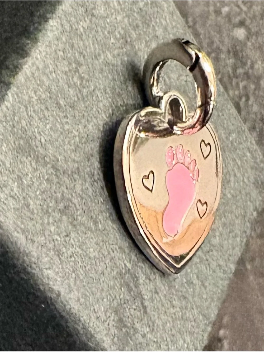 Stamped 925 Sterling Silver Heart Charm Pendant with Pink Baby Footprint